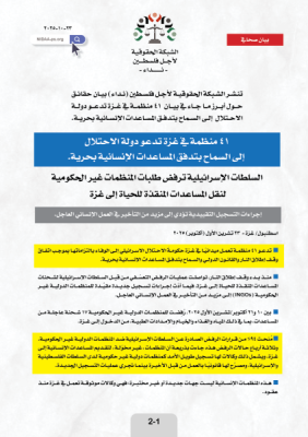 ٤١ منظمة في غزة تدعو دولة الاحتلال  إلى السماح بتدفق المساعدات الإنسانية بحرية.
